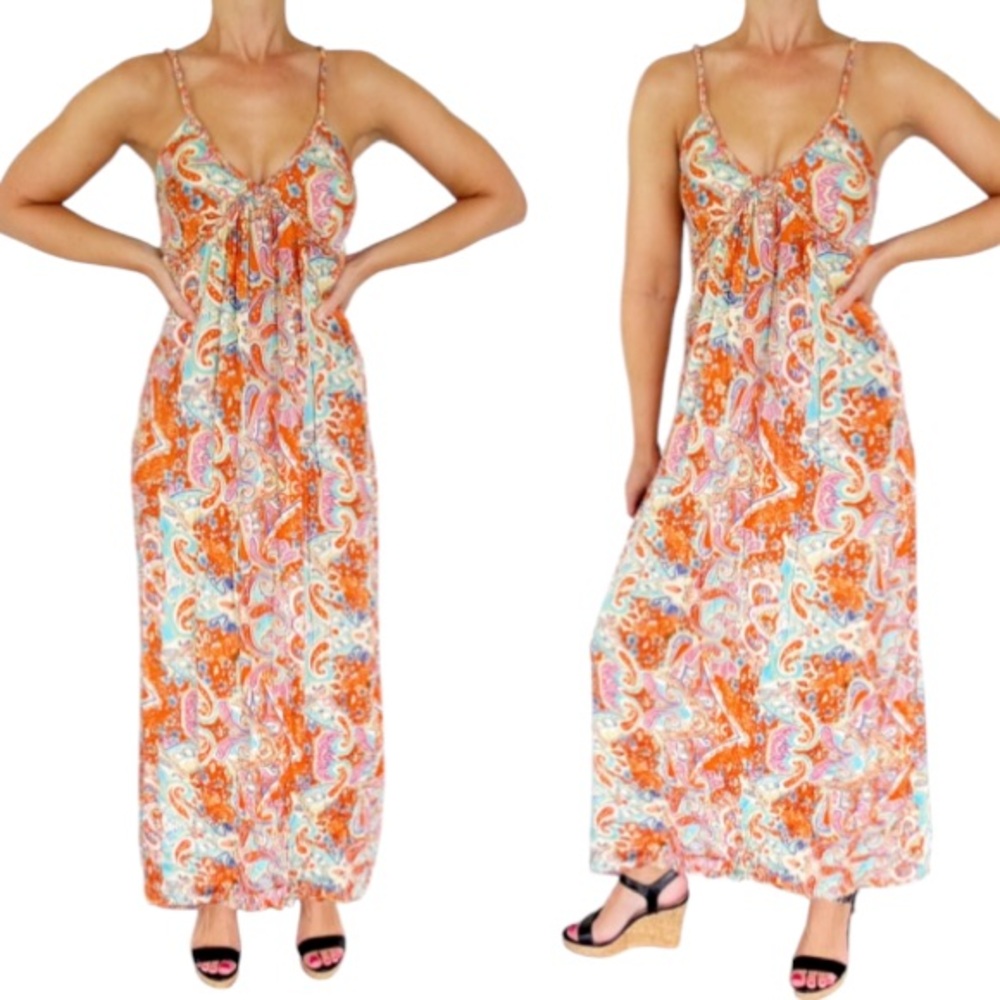 World Market orange blue paisley print braided spaghetti strap maxi dress S/M